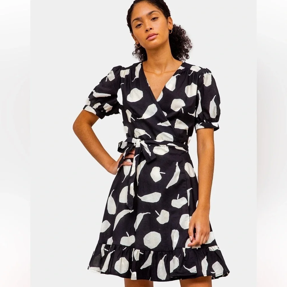 FRNCH Paris Anara Black and Ivory Fruit Wrap Dress Sz Medium - Picture 1 of 7